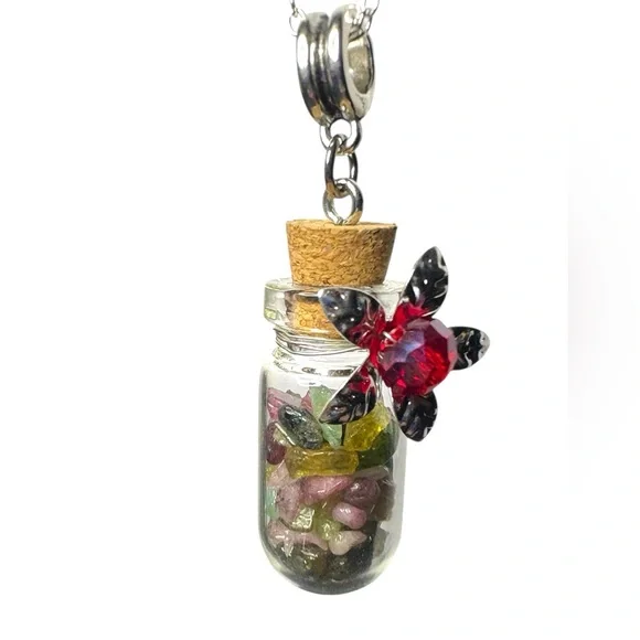 Wishing Bottle with Gemstone Chips and Crystal Center Flower on 925 Chain - Picture 5 of 14